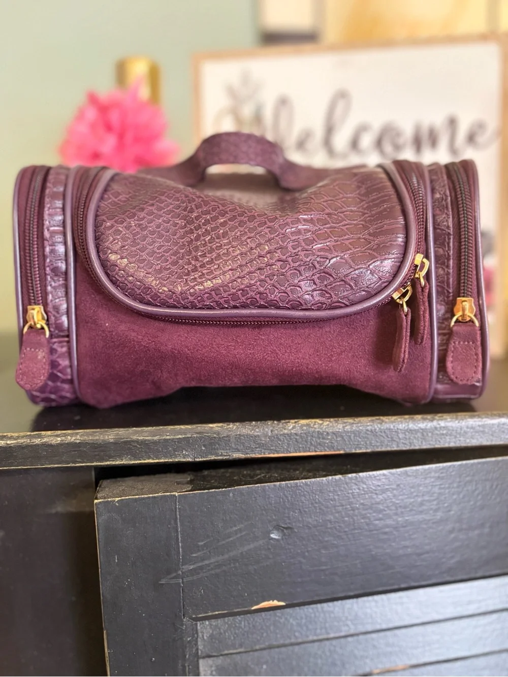 Plush Textured Travel Cosmetic Bag - Deep Plum